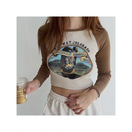 Vintage Raglan Sleeve Printed Crop T Shirts