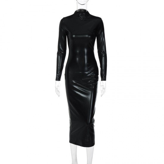 Latest Black PU Leather Long Sleeve Dresses