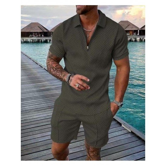  Men's Casual Pure Color Polo Shirt And Shorts Sets