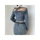 Designer Square Neck Blue Denim Cropped Jackets