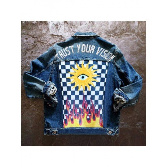 Grid Printed Denim Jacket Coats For Women