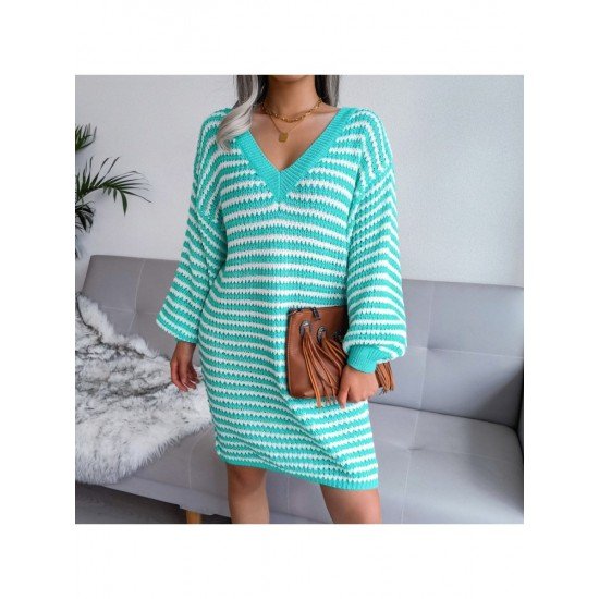 V Neck Striped Lantern Sleeve Sweater Dress