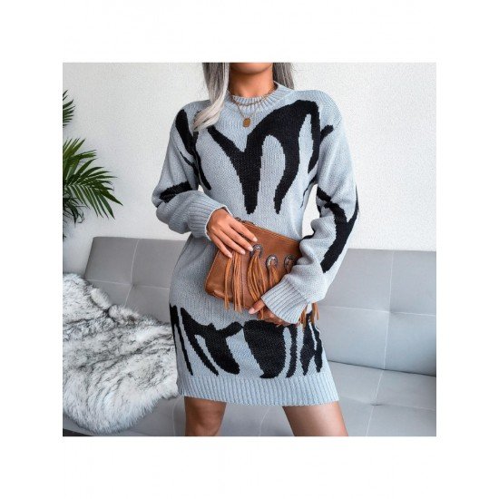  New Round Neck Long Sleeve Knitted Dress