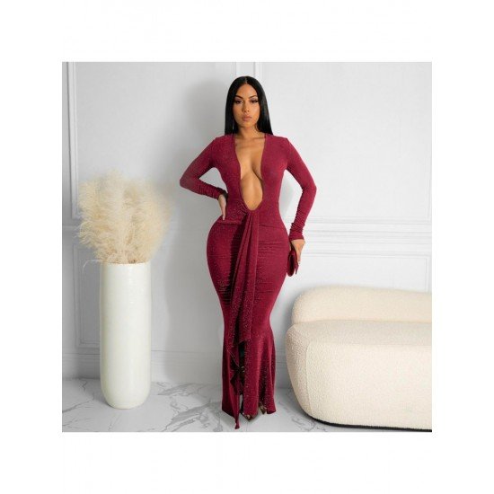  Sexy Pure Color Women's Long Sleeve Dress