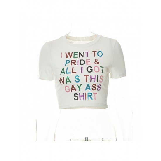  Shiny Letter White Cropped T Shirts For Women