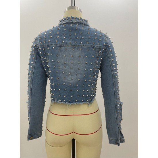 Rivets Long Sleeve Cropped Denim Jackets For Women