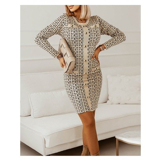  Temperament Geometric Pattern Women's Long Sleeve Dress