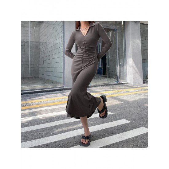 Causal V Neck Long Sleeve Slit Maxi Dresses 