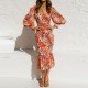  Vacation V-Neck Floral Fishtail Midi Dress