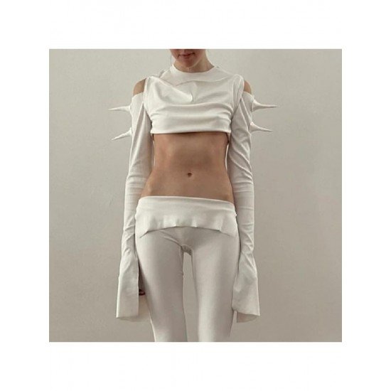 Designer Cold Sleeve White Cropped Tops For Ladies