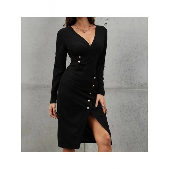 Casual V Neck Long Sleeve Knee Length Dress