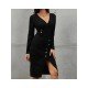 Casual V Neck Long Sleeve Knee Length Dress