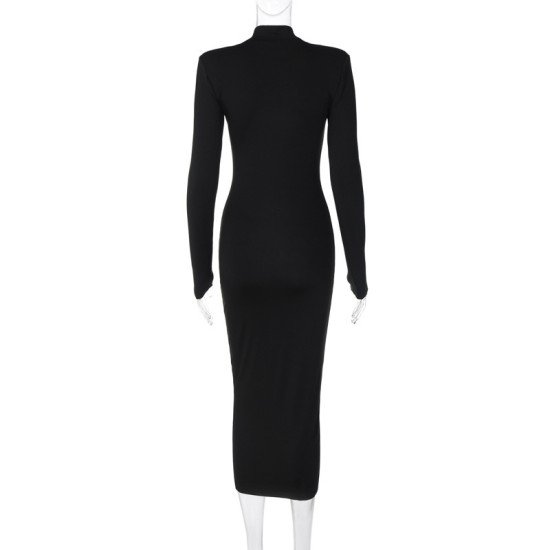 Mock Neck Long Sleeve Black Midi Dress