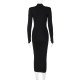 Mock Neck Long Sleeve Black Midi Dress