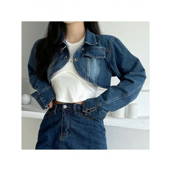 Designer Blue Cropped Denim Jacket Coats