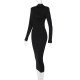 Mock Neck Long Sleeve Black Midi Dress