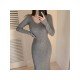 Simple V Neck Solid Long Sleeve Midi Dresses