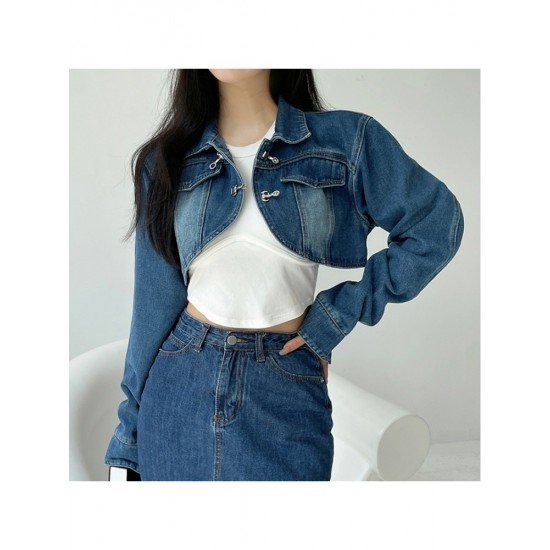 Designer Blue Cropped Denim Jacket Coats