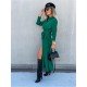  Pure Color Split Long Sleeve Dress