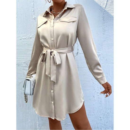 Pure Color Long Sleeve Fall Shirt Dress