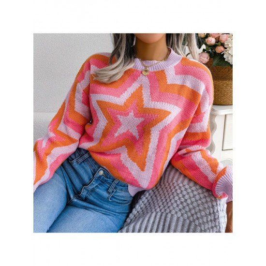 Contrast Color Star Pullover Sweaters For Women