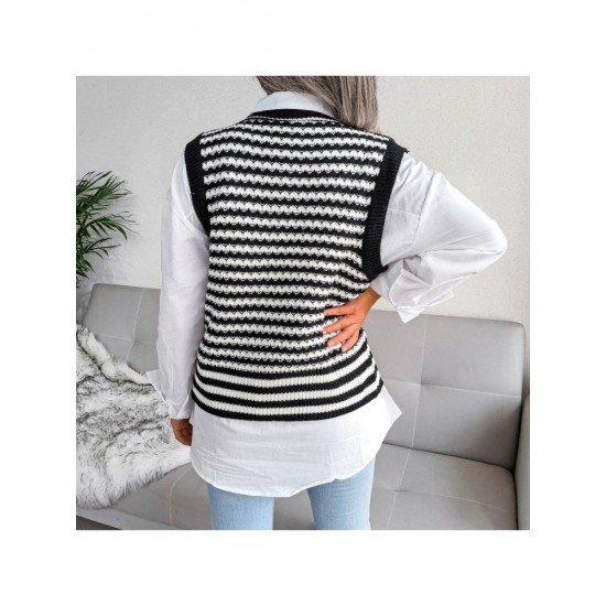 Striped V Neck Sleeveless Sweater Coats