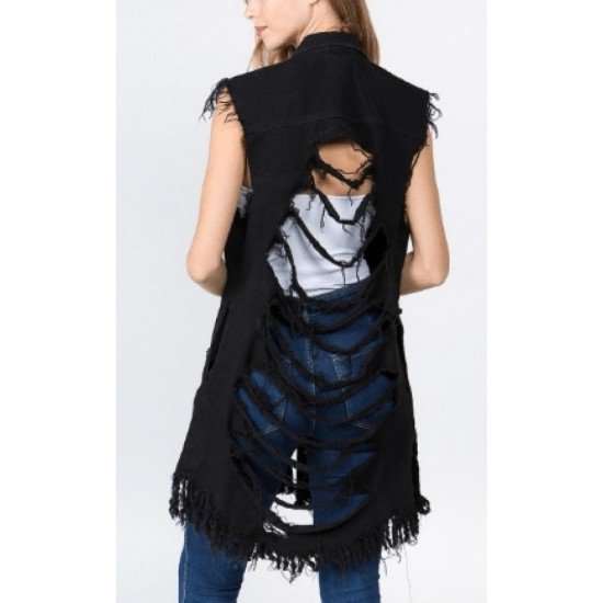  Pure Color Ripped Denim Tassels Cardigan Jacket