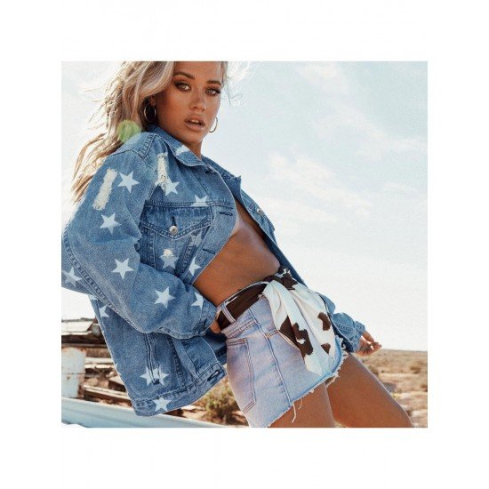 Star Pattern Blue Denim Jackets For Women