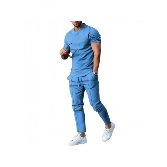  Men Solid Casual Short Sleeve Two Piece Pants Set