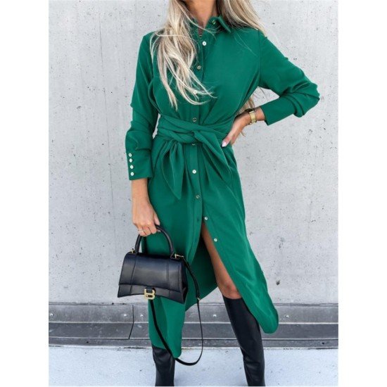  Pure Color Split Long Sleeve Dress