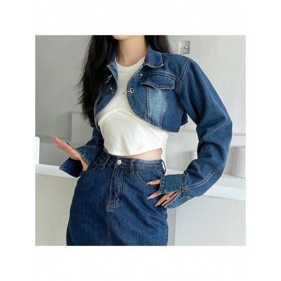 Designer Blue Cropped Denim Jacket Coats