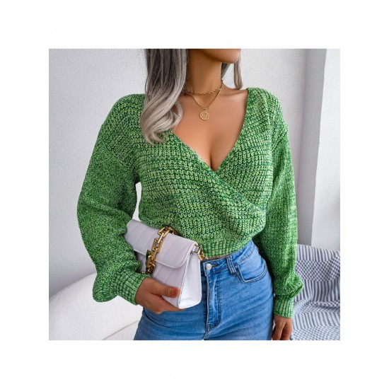 Spring V Neck Lantern Sleeve Cropped Sweaters