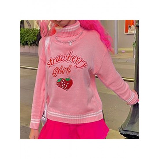 Cute Strawberry Embroidery Turtle Neck Sweaters