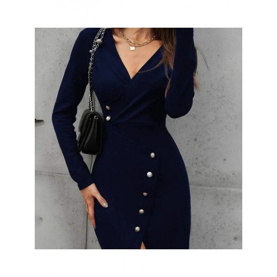 Casual V Neck Long Sleeve Knee Length Dress