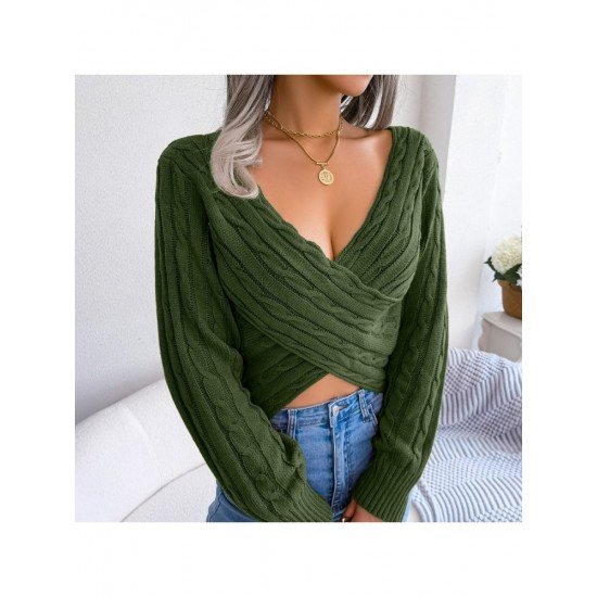 Sexy V Neck Solid Long Sleeve Cropped Sweaters