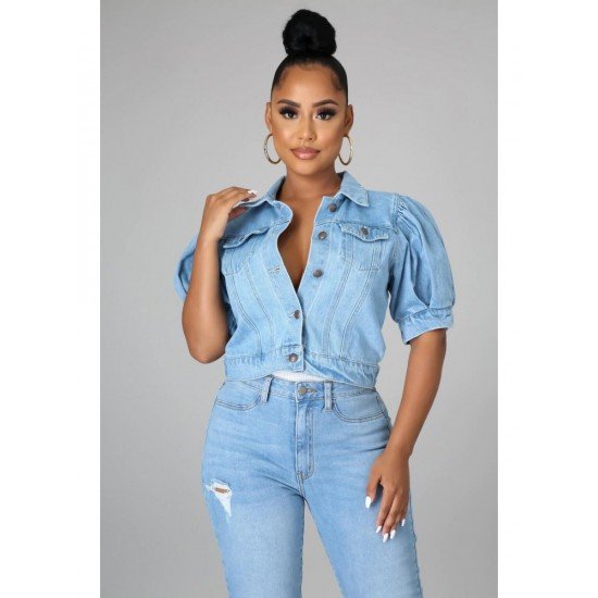 Basic Style Puff Sleeve Denim Jacket