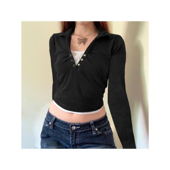 Patchwork Fall Black Cropped Tops