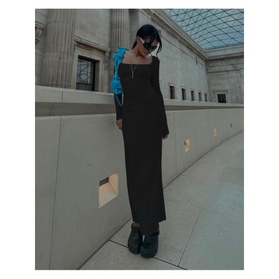  Pure Color Long Sleeve Dress For Women