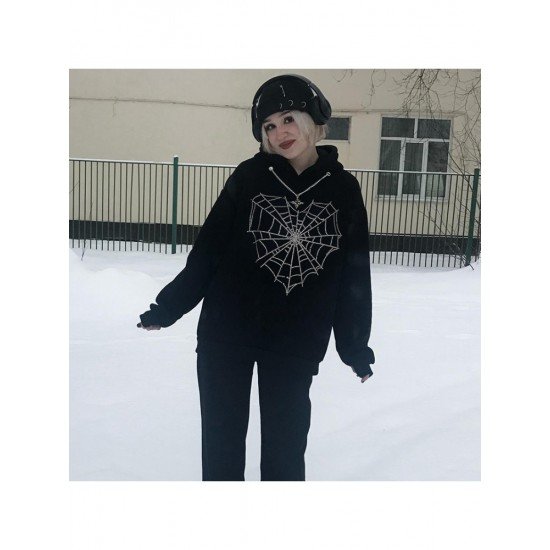  Heart Cobwebs Hot Drilling Hooded Black Tops