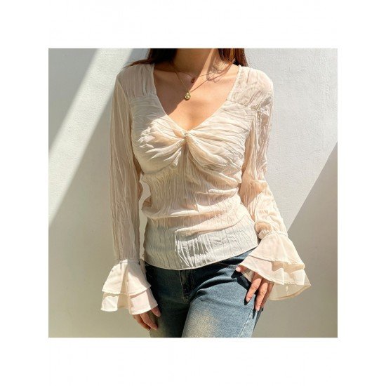 Ladies Chiffon V Neck Ruched Flare Sleeve Tops