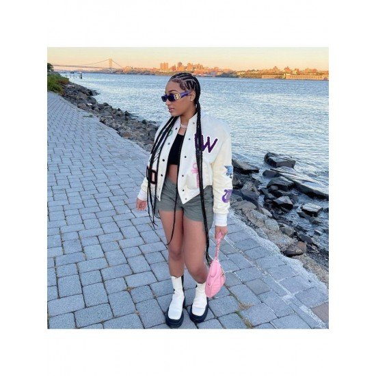 White Patchwork Pattern Trendy Women Baseball Jackets