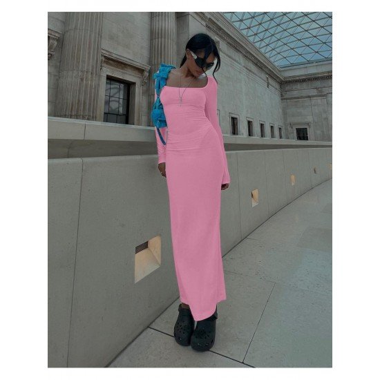  Pure Color Long Sleeve Dress For Women