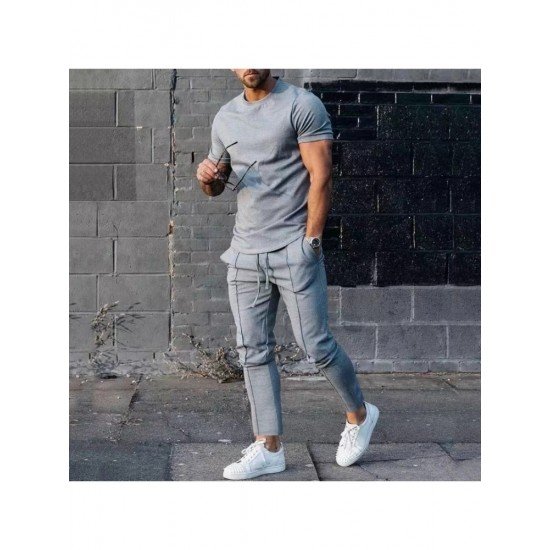  Men Solid Casual Short Sleeve Two Piece Pants Set