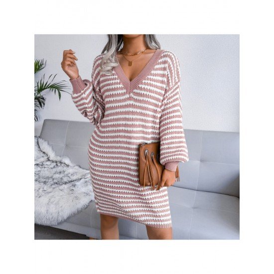 V Neck Striped Lantern Sleeve Sweater Dress