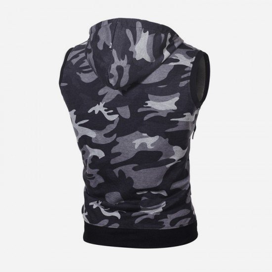  Casual Slim Sleeveless Hooded Camouflage Men's Top