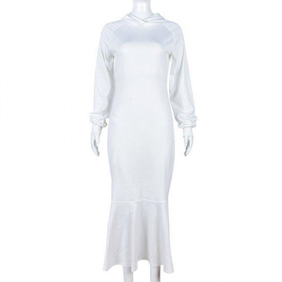 Casual White Ruffle Hooded Collar Maxi Dress