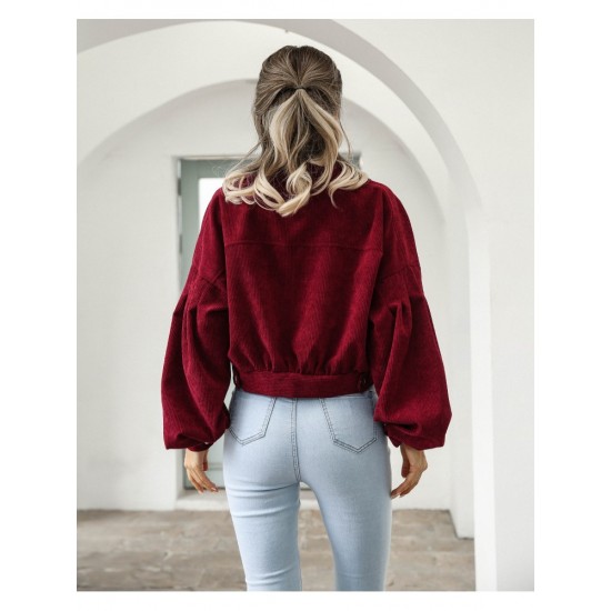  Winter Corduroy Pure Color Lantern Sleeve Women Jacket