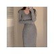 Simple V Neck Solid Long Sleeve Midi Dresses