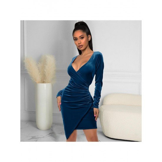 Fall V Neck Ruched Long Sleeve Short Dress