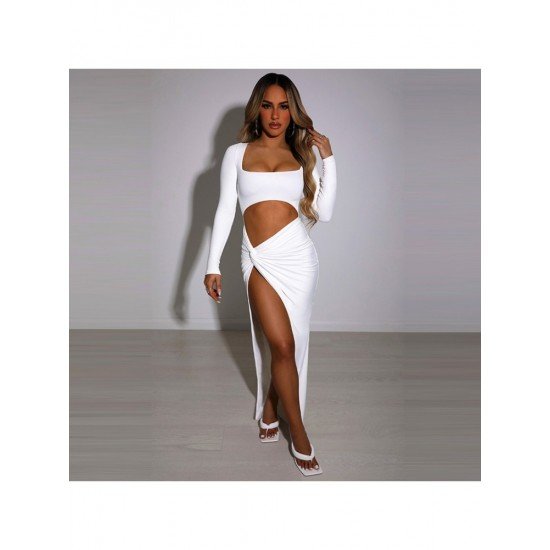 Sexy Square Neck White Cocktail Slit Maxi Dress